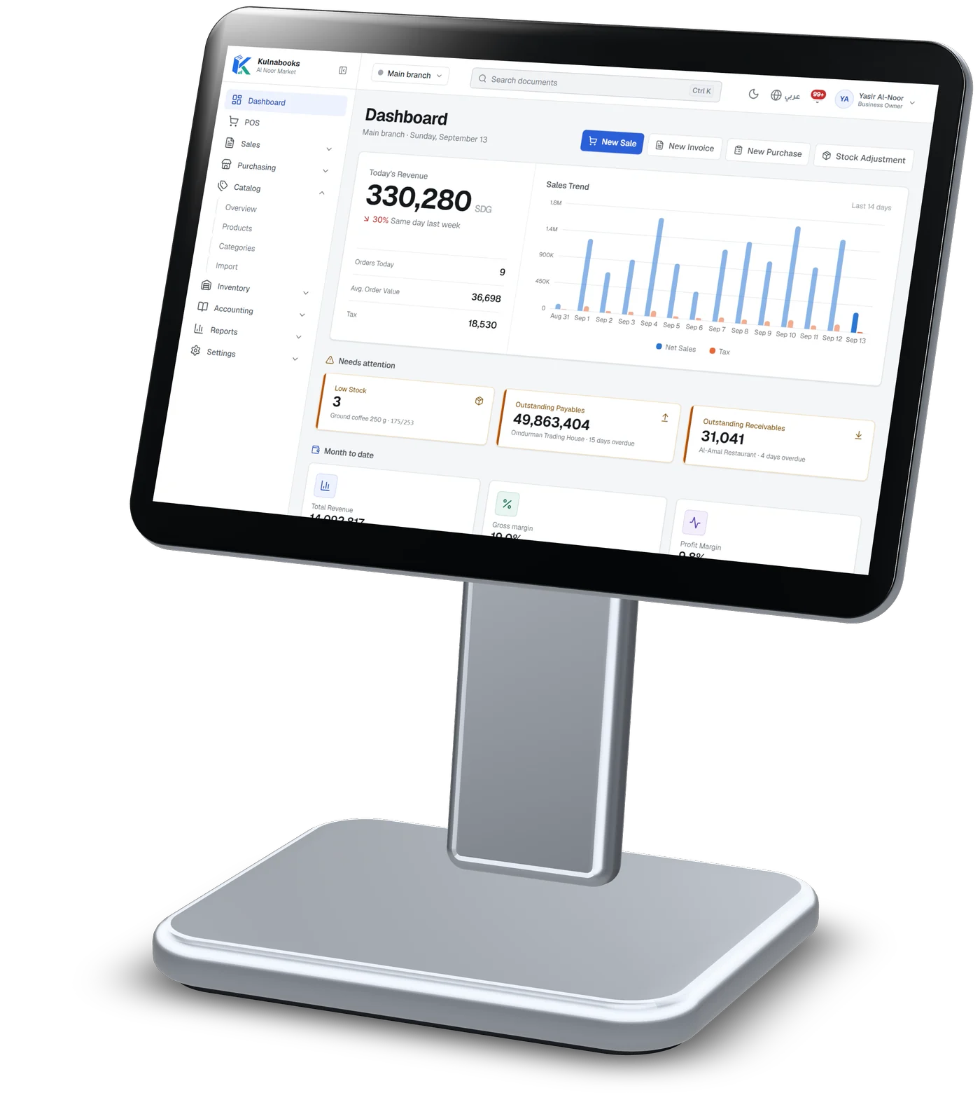 The owner’s dashboard in the Kulnabooks back office, on a tablet on a stand: today’s revenue with the day’s orders and average order value, sales over the last fourteen days as a chart, and what needs attention: low stock and money owed.