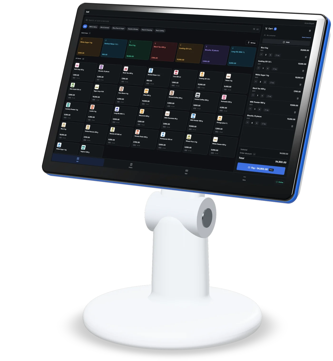 Kulnabooks POS for Windows on a counter terminal, selling in a grocery: category tabs, quick keys for the fastest sellers, the product grid with pictures and prices, and a six-line basket with its total and the pay button.