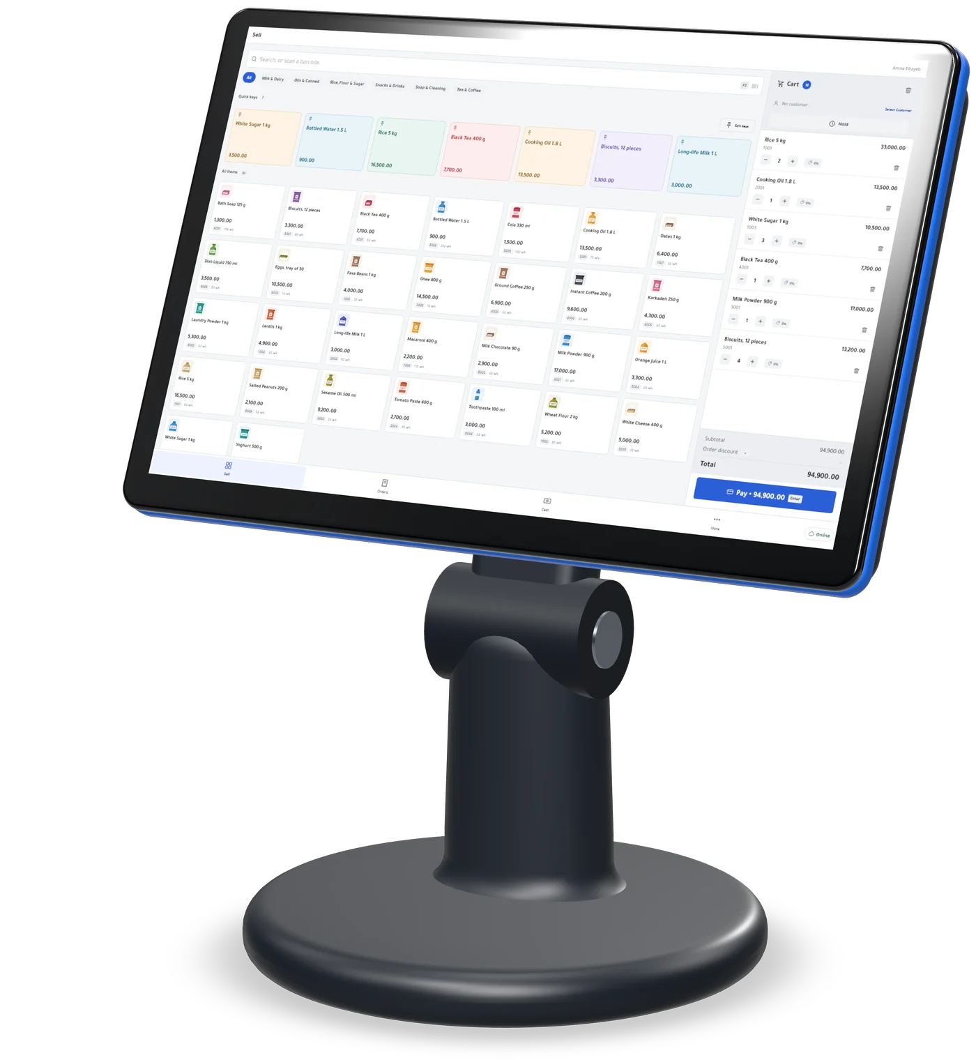 Kulnabooks POS for Windows on a counter terminal, selling in a grocery: category tabs, quick keys for the fastest sellers, the product grid with pictures and prices, and a six-line basket with its total and the pay button.