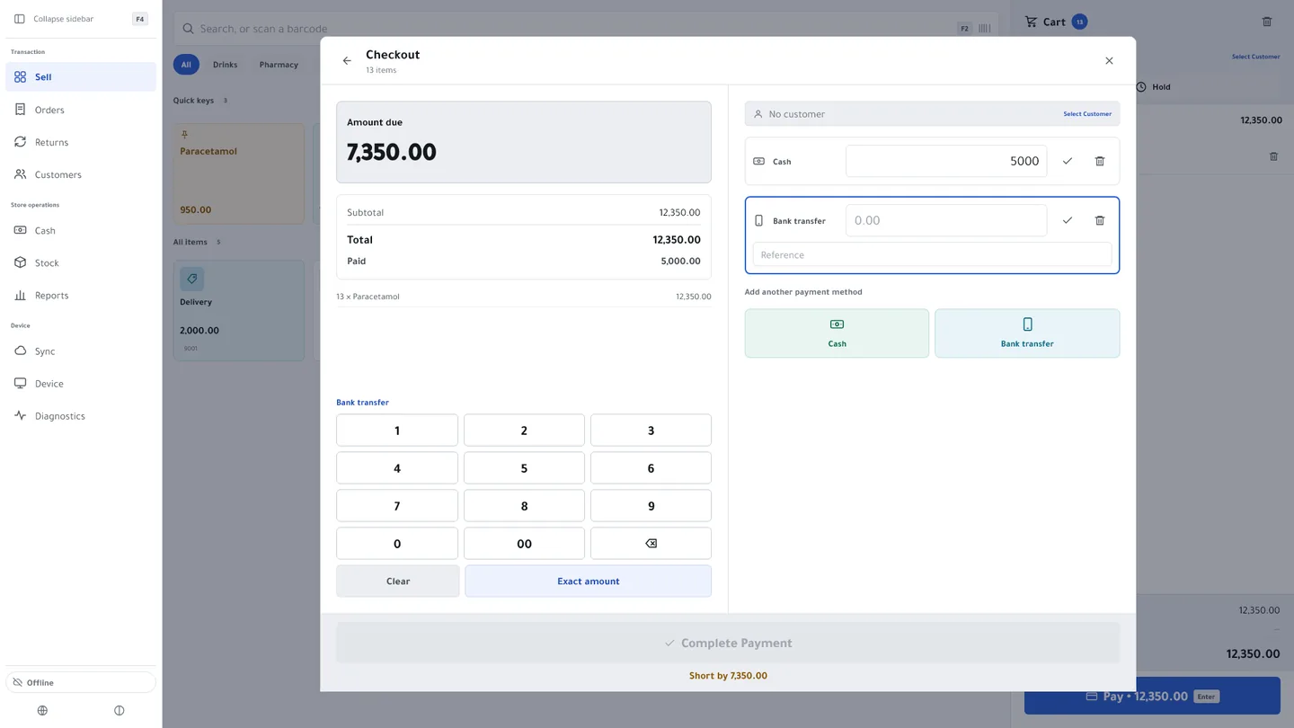 Taking payment at the Kulnabooks till: part of the bill in cash and the rest by bank transfer, the amount still due in large figures above a number pad, and Complete Payment held back until the bill is covered.